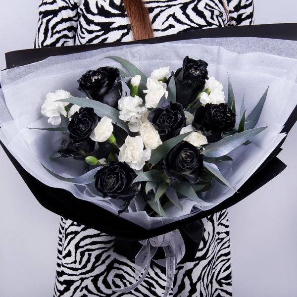 Rose black - 11, White spray carnation - 10, Eucalyptus, Wrapping Paper
