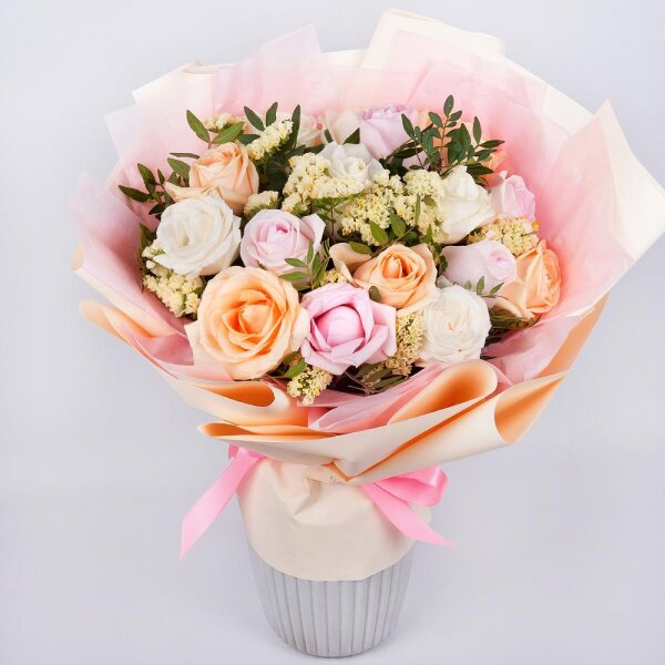 Pink rose 50 cm - 9, White rose 50 cm - 10, Rose Cream 50 cm - 8, Pistachio, Wrapping Paper, Yellow Statice