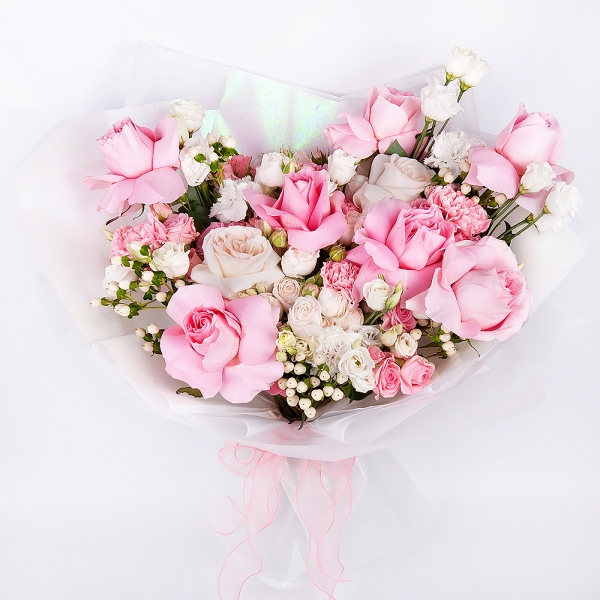 Bright pink spray rose mix, 50 cm - 5, Peony sprayrose - 4, Peony style roses - 3, Rose Pink 50 cm Ecuador (Chelo, Hermosa, Novia, Titanik, Engagement, Pink Mondiale) - 9, Pink carnation - 7, lisianthus - 4, Carnation white, cream - 8, Hypericum, Wrapping Paper