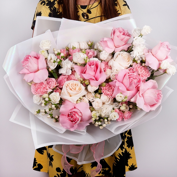 Bright pink spray rose mix, 50 cm - 6, Peony sprayrose - 4, Peony style roses - 4, Rose Pink 50 cm Ecuador (Chelo, Hermosa, Novia, Titanik, Engagement, Pink Mondiale) - 11, Pink carnation - 9, lisianthus - 5, Carnation white, cream - 10, Hypericum, Wrapping Paper