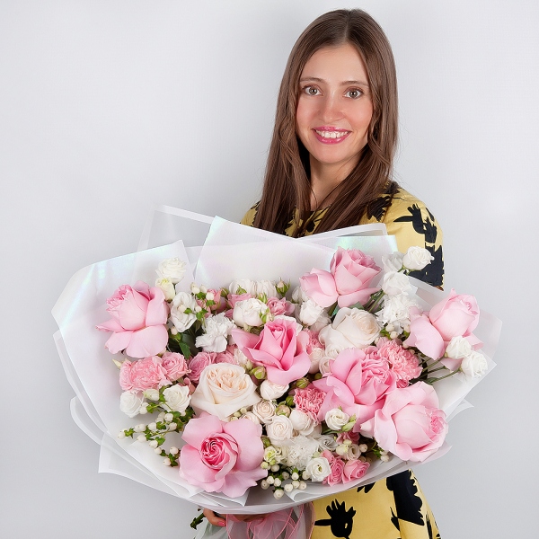 Bright pink spray rose mix, 50 cm - 6, Peony sprayrose - 4, Peony style roses - 4, Rose Pink 50 cm Ecuador (Chelo, Hermosa, Novia, Titanik, Engagement, Pink Mondiale) - 11, Pink carnation - 9, lisianthus - 5, Carnation white, cream - 10, Hypericum, Wrapping Paper