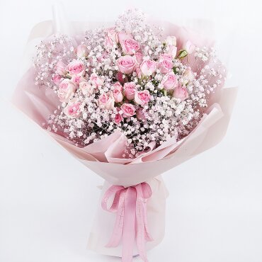 Bright pink spray rose mix, 50 cm - 5, Colored gypsophila - 5, Wrapping Paper