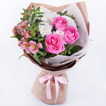 Baltica White Spray Chrysanthemum - 1, Alstromeria white, soft pink - 1, Pink rose 50 cm - 3, Pistachio, Wrapping Paper, Ribbon