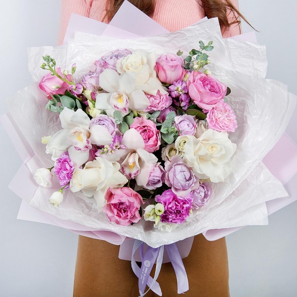 White rose 50 cm Ecuador - 4, Pink rose 50 cm - 7, Spray peony rose Lavander, 50 cm - 3, Pink carnation - 3, Matthiola Lilac - 4, White Cymbidium Orchid Bud - 3, lisianthus - 2, Lilac carnation - 3, Flask for orchids, Eucalyptus Cinerea, Wrapping Paper