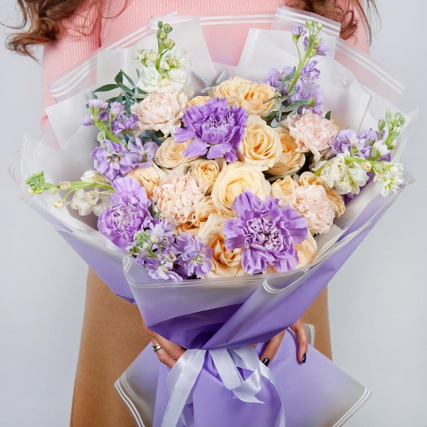 Spray rose: white, cream, light pink 50 cm - 4, Carnation white, cream - 6, Matthiola Lilac - 8, Lilac carnation - 4, Pistachio, Wrapping Paper