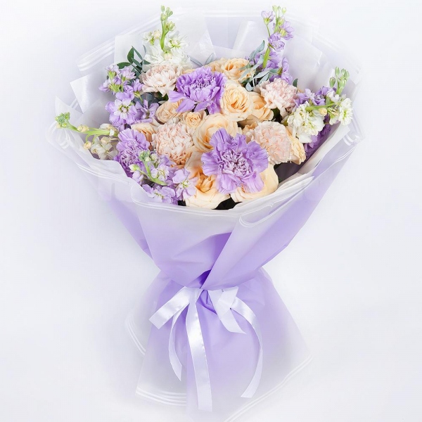Spray rose: white, cream, light pink 50 cm - 5, Carnation white, cream - 7, Matthiola Lilac - 9, Lilac carnation - 6, Pistachio, Wrapping Paper
