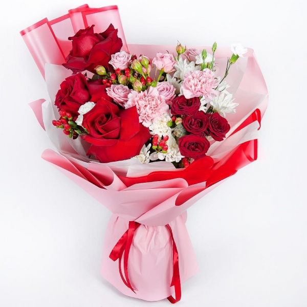Rose Red 50 cm Ecuador - 3, Bright pink spray rose mix, 50 cm - 3, Pink carnation - 7, White spray carnation - 4, Baltica White Spray Chrysanthemum - 3, Spray rose: red 50 cm - 2, Hypericum, Eucalyptus Cinerea, Wrapping Paper