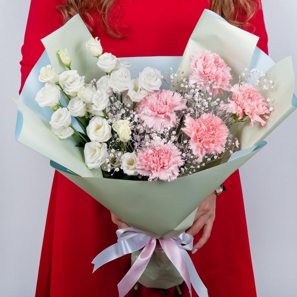 Лизиантус - 5, Гвоздика розовая - 9, Гипсофила - 1, Современная упаковка
