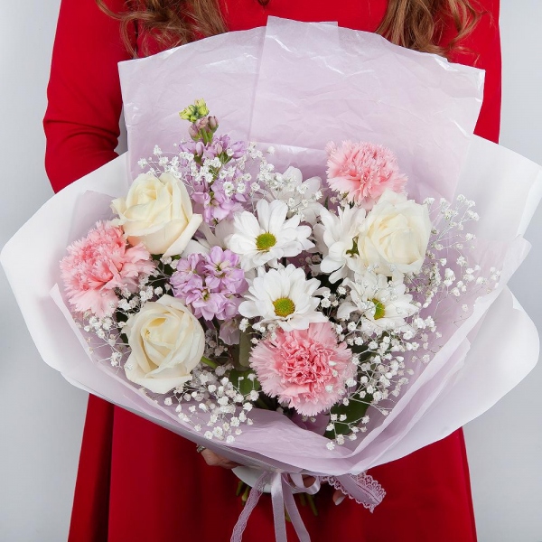 Bacardi White Spray Chrysanthemum - 3, Gypsophila - 1, White rose 50 cm - 5, Pink carnation - 5, Matthiola Lilac - 2, Wrapping Paper