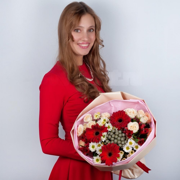 Gerbera red - 3, Santini White Spray Chrysanthemum - 4, Spray rose: white, cream, light pink 50 cm - 3, Alstromeria Red, Bright Pink - 3, Brunia Green Lanuginosa (1 pc.), Wrapping Paper, Ribbon