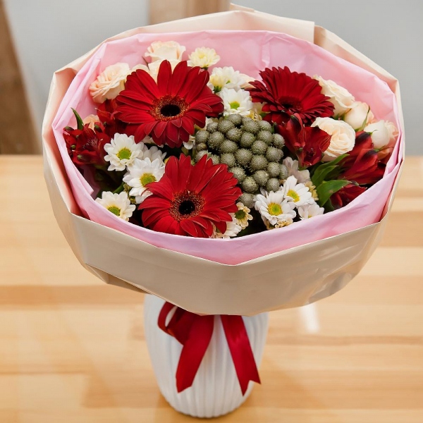 Gerbera red - 3, Santini White Spray Chrysanthemum - 5, Spray rose: white, cream, light pink 50 cm - 4, Alstromeria Red, Bright Pink - 4, Brunia Green Lanuginosa (1 pc.), Wrapping Paper, Ribbon