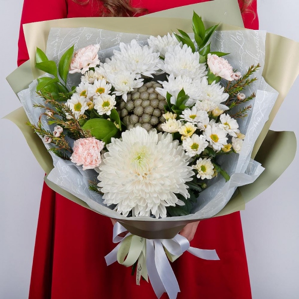 Magnum White Chrysanthemum - 1, Baltica White Spray Chrysanthemum - 3, Carnation white, cream - 7, Santini White Spray Chrysanthemum - 2, Brunia Green Lanuginosa (1 pc.), Waxflower (1 pc.), Ruscus, Wrapping Paper, Ribbon