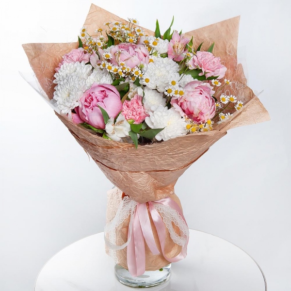 Peony pink - 3, Baltica White Spray Chrysanthemum - 5, Chamomile - 3, Alstromeria white, soft pink - 6, Pink carnation - 7, Wrapping Paper