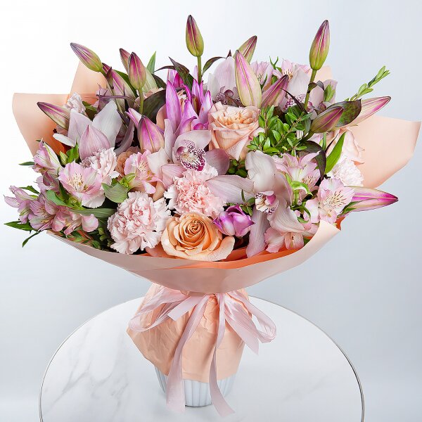 Pink lily - 5, White Cymbidium Orchid Bud - 7, Pink carnation - 9, Rose Cream 50 cm - 7, Alstromeria white, soft pink - 8, Flask for orchids, Pistachio, Wrapping Paper