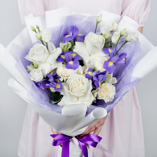 Irises - 6, White rose 50 cm Ecuador - 3, lisianthus - 2, Alstromeria white, soft pink - 3, Carnation white, cream - 4, Wrapping Paper