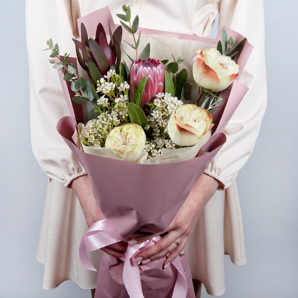 Peony style roses - 5, Protea, Waxflower (1 pc.), Leukodendron, Eucalyptus Cinerea, Wrapping Paper