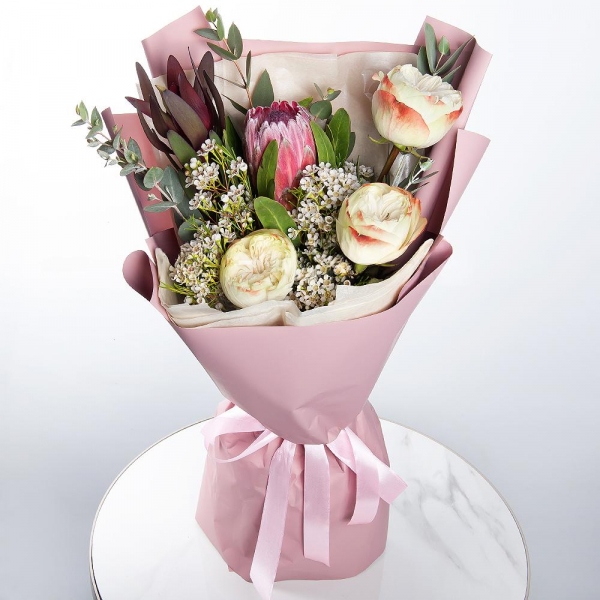 Peony style roses - 5, Protea, Waxflower (1 pc.), Leukodendron, Eucalyptus Cinerea, Wrapping Paper