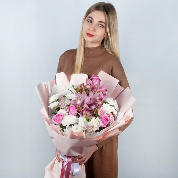 Pink Cymbidium Orchid Bud - 7, Baltica White Spray Chrysanthemum - 5, Bright pink spray rose mix, 50 cm - 3, Pink rose 50 cm - 5, Alstromeria white, soft pink - 5, Carnation white, cream - 5, Ozotamnus, Wrapping Paper