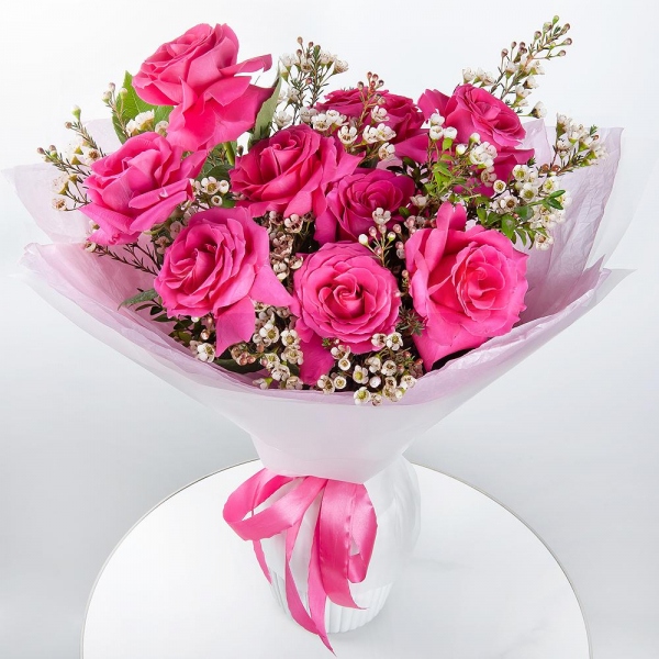 Rose Fuchsia 50 cm Ecuador (Pink Floyd, Topaz, Cherry Lady, Gotcha) - 15, Waxflower (1 pc.), Pistachio, Wrapping Paper
