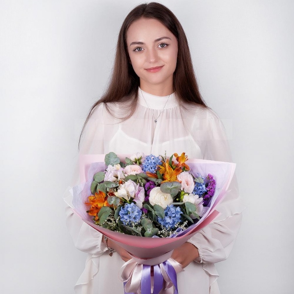 Blue Hyacinth - 5, Freesia - 3, Ranunculus Pink - 3, Alstromeria Yellow, Orange - 4, Limonium (1 pc.), Blue Statice, Eucalyptus, Wrapping Paper