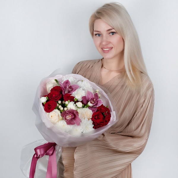 Pink Cymbidium Orchid Bud - 3, Spray rose: red 50 cm - 2, White spray carnation - 3, White rose 50 cm - 3, Baltica White Spray Chrysanthemum - 2, Flask for orchids, Veronica spray, Hypericum, Wrapping Paper