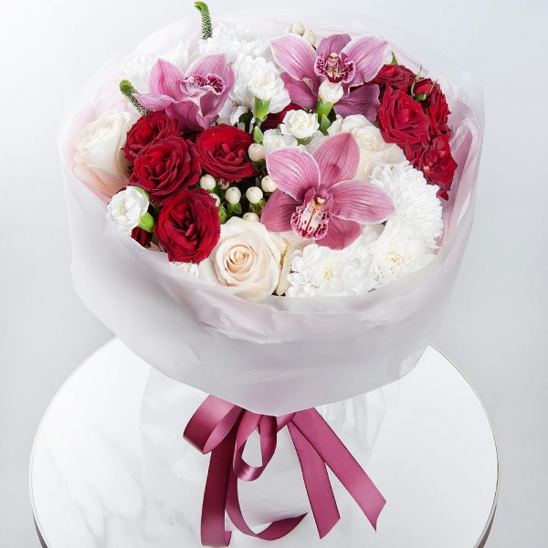 Pink Cymbidium Orchid Bud - 3, Spray rose: red 50 cm - 2, White spray carnation - 3, White rose 50 cm - 3, Baltica White Spray Chrysanthemum - 2, Flask for orchids, Veronica spray, Hypericum, Wrapping Paper