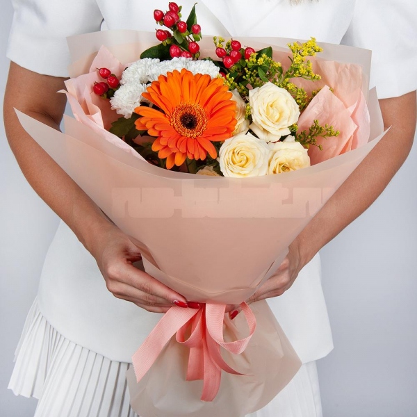 Gerbera daisies - 3, Baltica White Spray Chrysanthemum - 1, Spray rose: white, cream, light pink 50 cm - 1, Solidago (1 pc.), Hypericum, Wrapping Paper