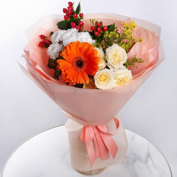Gerbera daisies - 3, Baltica White Spray Chrysanthemum - 1, Spray rose: white, cream, light pink 50 cm - 1, Solidago (1 pc.), Hypericum, Wrapping Paper