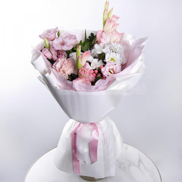 Pink Gladiolus - 2, Pink Lisianthus (Eustoma) - 1, Baltica White Spray Chrysanthemum - 1, Pink carnation - 6, Bacardi White Spray Chrysanthemum - 1, Hypericum, Pistachio, Wrapping Paper