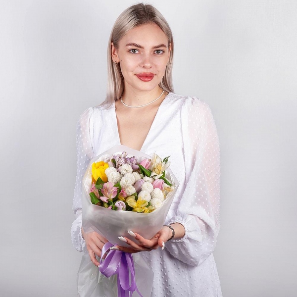 Newton White Spray Chrysanthemum - 2, Alstromeria white, soft pink - 2, Lilac tulip - 4, Alstromeria Yellow, Orange - 1, Alstromeria lilac, purple - 1, Pink tulip - 3, Yellow tulip - 2, Wrapping Paper
