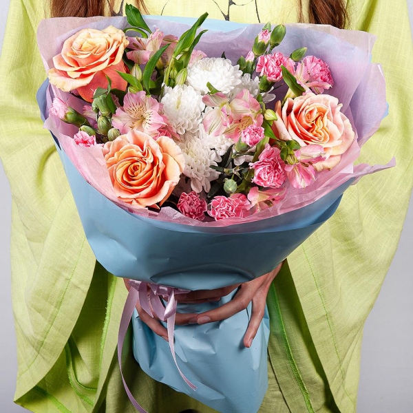 Pink-orange rose Phoenix 50 cm - 5, Baltica White Spray Chrysanthemum - 2, Alstromeria white, soft pink - 3, Pink spray carnation - 5, Pink carnation - 7, Wrapping Paper