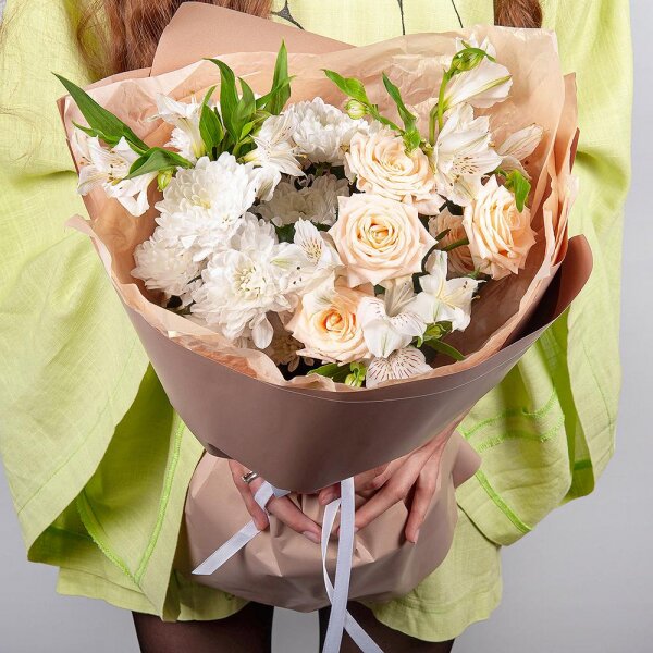 Baltica White Spray Chrysanthemum - 1, Alstromeria white, soft pink - 5, Spray rose: white, cream, light pink 50 cm - 1, Wrapping Paper