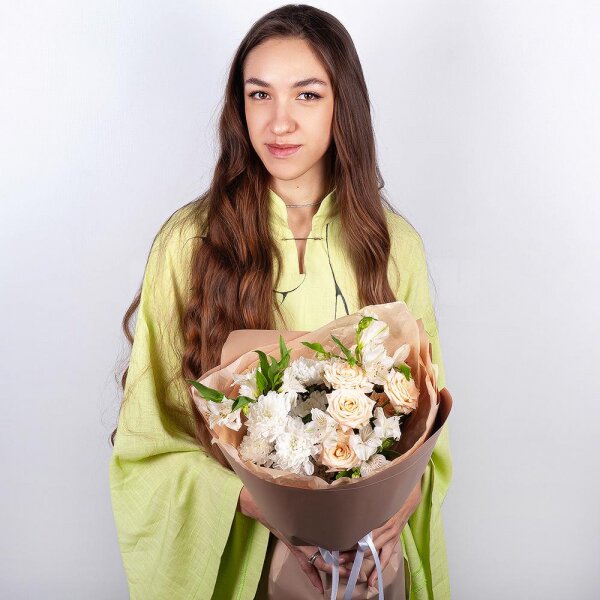 Baltica White Spray Chrysanthemum - 1, Alstromeria white, soft pink - 5, Spray rose: white, cream, light pink 50 cm - 1, Wrapping Paper
