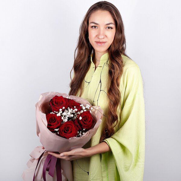 Red rose 50 cm - 9, Gypsophila - 1, Wrapping Paper