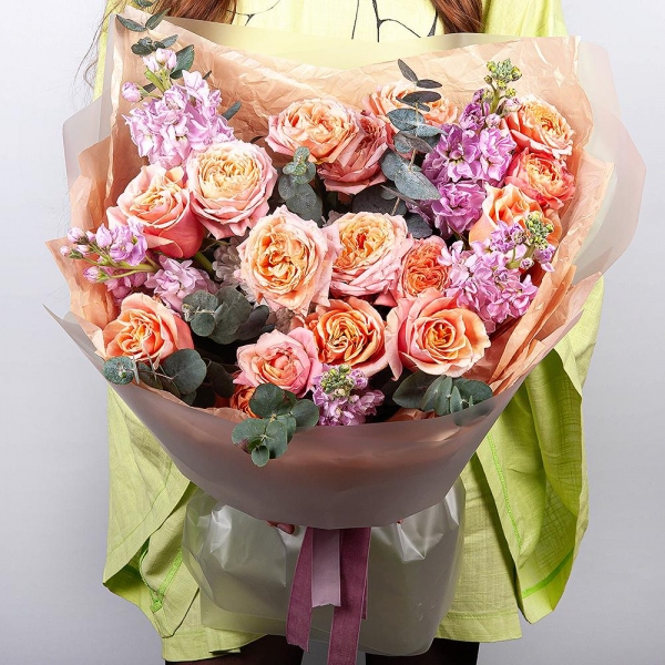 Pink-orange rose Phoenix 50 cm - 13, Spray rose: yellow, orange 50 cm - 5, Matthiola Lilac - 5, Eucalyptus, Wrapping Paper